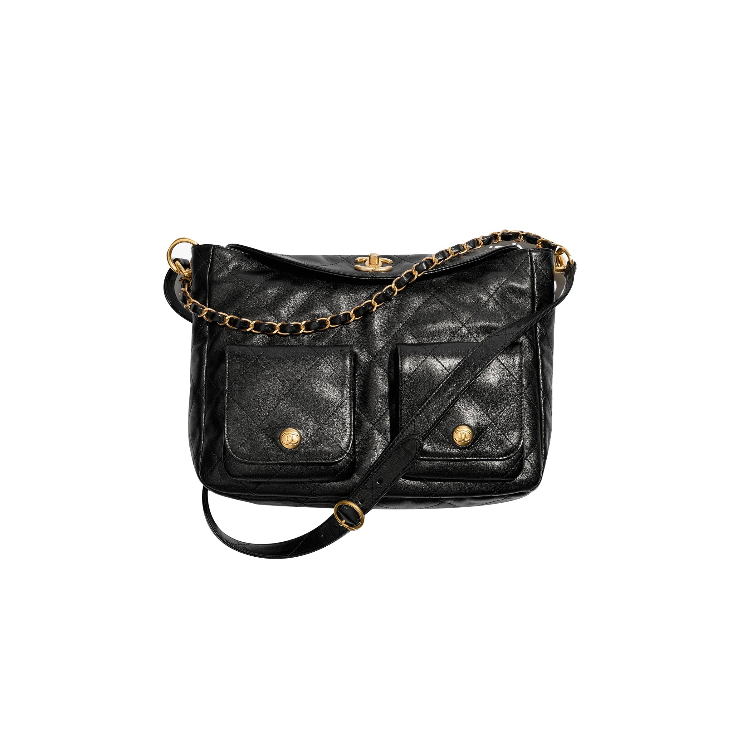 Ch*el large hippie bag shiny calfskin and gold toned metal black as4668 (30*21.5*5 cm)